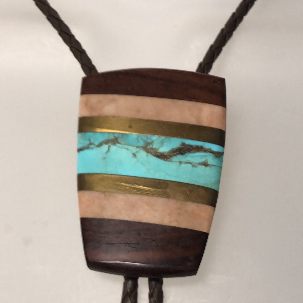 VTG Bennet Beautiful Turquoise Bolo Signed Leather braided Cord with tips